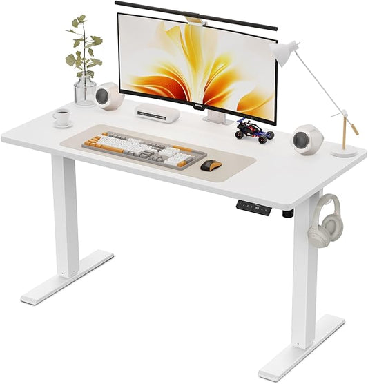 48x24 Inches Height Adjustable Electric Standing Desk with 2 Hooks for Home Office, Ergonomic Sit Stand up Desk with Splice Board, White