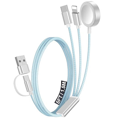 1Pack Multi Charging Cable Cord for Travel Essentials,Apple Watch Charger,iPhone Charger,[3-in-2] Type C/Lightning Cable Portable Designed for iWatch,iPhone 17-8,Galaxy S25-21,AirPods,iPad-1.5M Blue