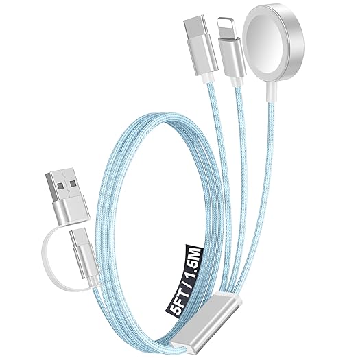 1Pack Multi Charging Cable Cord for Travel Essentials,Apple Watch Charger,iPhone Charger,[3-in-2] Type C/Lightning Cable Portable Designed for iWatch,iPhone 17-8,Galaxy S25-21,AirPods,iPad-1.5M Blue