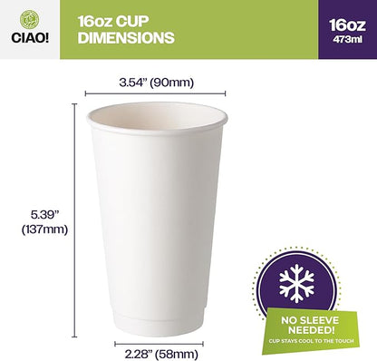 CIAO! 16 oz Insulated Double Wall White Paper Hot Cup, 90mm Diameter, 400 Count