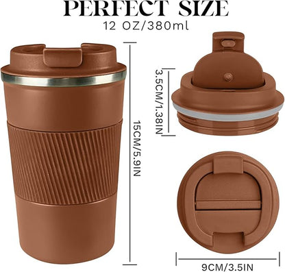 YINBAOGE Insulated Travel Coffee Mug, Spill & Leak Proof, Portable To Go Camping Stainless Steel Coffee Tumbler, Reusable Thermal Coffee Cup with Lid for Hot & Cold Drinks (Brown, 12 OZ)