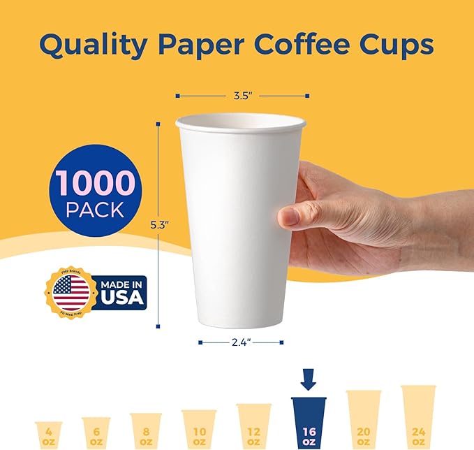 Fit Meal Prep 1000 Pack 16 oz Disposable Paper Coffee Cups, Premium White Hot Cups for Hot/Cold Beverage, Durable Thickened Paper Cup Bulk for Party, Office, Bussines, Home, Bistros, Events