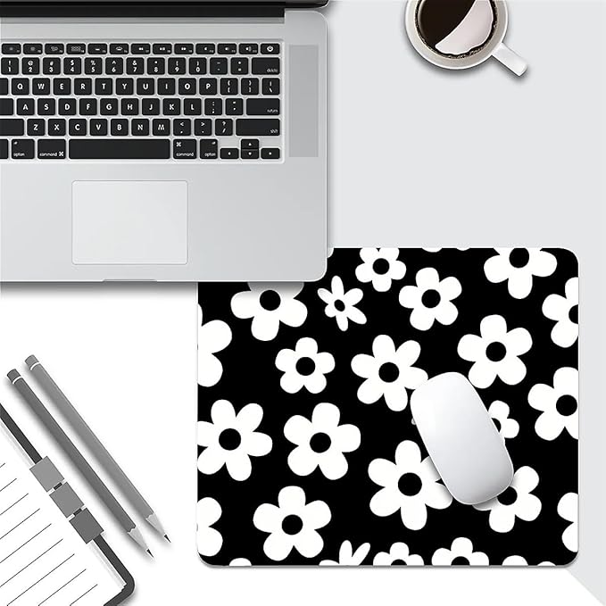 Square Mouse Pad Black White Flowers, Personalized Premium-Textured Custom Mouse Mat Design, Washable Mousepad Cloth, Non-Slip Rubber Base Computer Mouse Pads for Wireless Mouse