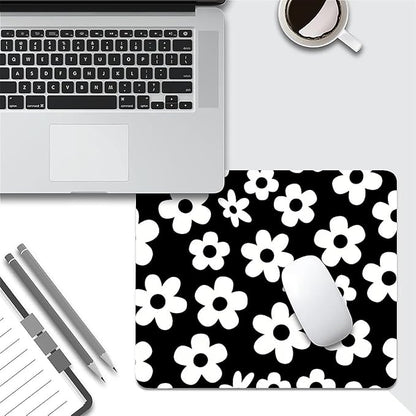 Square Mouse Pad Black White Flowers, Personalized Premium-Textured Custom Mouse Mat Design, Washable Mousepad Cloth, Non-Slip Rubber Base Computer Mouse Pads for Wireless Mouse