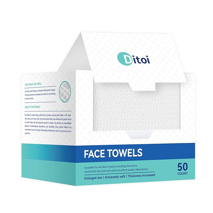 Ditoi Disposable Face Towels,Ultra Thick Face Towelettes XL, Lint-Free Facial Wipes for Makeup Removal & Gentle Skin Care,50 Count, 10"×12", Pearl-textured