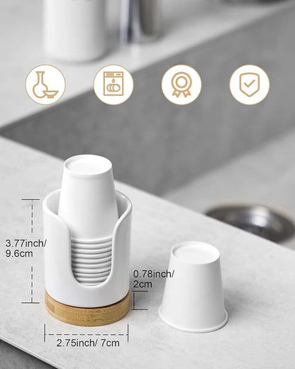 Ceramic Bathroom Cups Dispenser - 3 oz Disposable Paper & Plastic Bathroom Cups Holder - Mouthwash Cups Dispenser for Bathroom, Guest Toiletries, Countertop - BPA Free, Kids Safe(White)