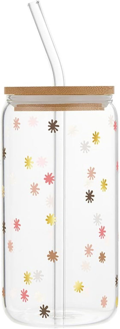 Santa Barabara Design Studio Blush Collection Holiday Cold Brew Glass Travel Tumbler Cup with Bamboo Lid and Glass Straw, 16 Fluid Ounces, Stars