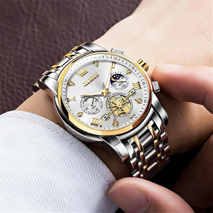OLEVS Men Silver Watches,Men's Stainless Steel Chronograph Watch,Man Analog Quartz Big Face Male Watches Luxury Waterproof Roman Numeral Dress Diamond Relojes para Hombre