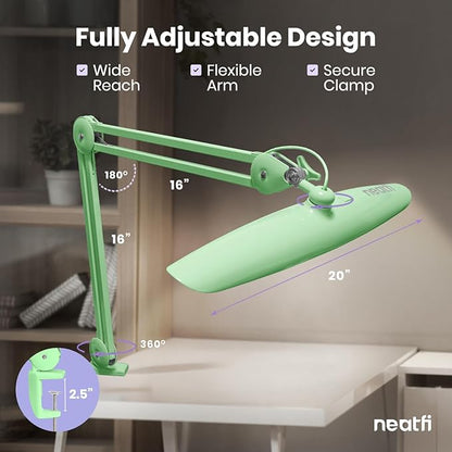 Neatfi XL LED Desk Lamp with Clamp, 2200 Lumens, 24W, 20-Inch Wide Head, Dimmable 4 Brightness Levels, Task Light for Home Office, Crafts, Workbench (Non-CCT, Midnight Green)