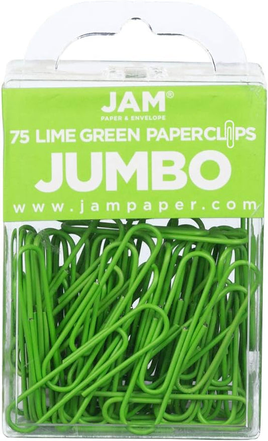 JAM PAPER Colorful Jumbo Paper Clips - Large 2 Inch - Lime Green Paperclips - 75/Pack