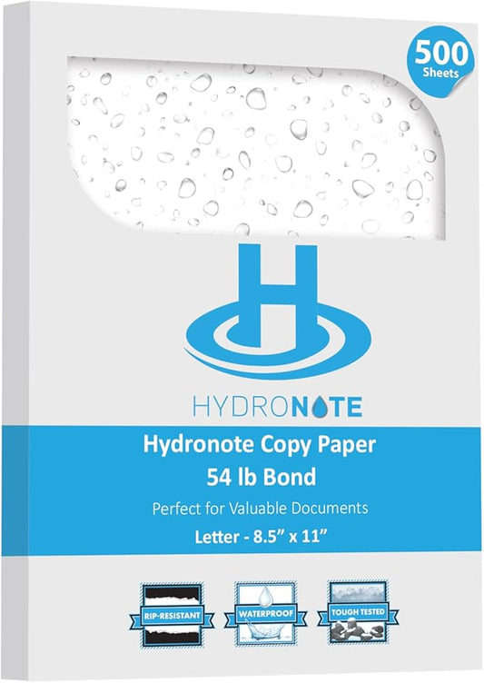 TerraSlate Waterproof Paper - Hydronote 54lb Multipurpose Copy Paper 8.5” x 11”, Bulk White Paper, 500 Sheets, Inkjet Printer and Laser Printer Paper Compatible - Weather/Rain Proof, Durable