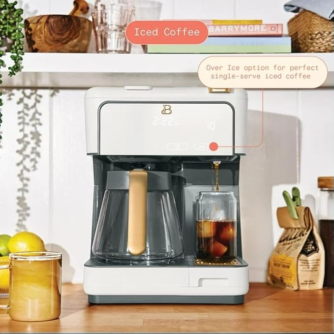 Beautiful Multi-Brew Coffee Maker – 12-Cup Carafe & Single-Serve Pod or Grounds, Iced Coffee Mode, Programmable Touch Display, Includes Filters (White Icing)