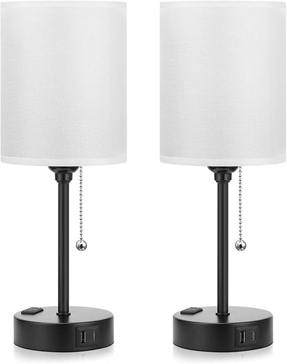Bedside Table lamp for Bedroom Set of 2 - 3 Color Temperatures Small Lamps with USB C and A Ports, Pull Chain Table Lamps with AC Outlet, White Nightstand Lamps with Black Metal Base for Kids Reading
