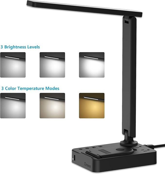 Drevet LED Desk Lamp with Wireless Charger, Desk Table Light with USB Charging Port and 2 Outlets, 3 Lighting Modes, 3 Level Brightness, 1H Timer, Touch Control, Eye-Caring Home Office Foldable Lamp