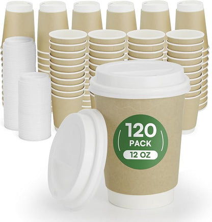 Compostable Coffee Cups with Lids 12 oz To Go Hot Cups,120 Pack Disposable Paper Cups with Lids, BPI Certified PLA Coated Natural Kraft Insulated Disposable Cups for Togo Office Coffee Bar Travel Home
