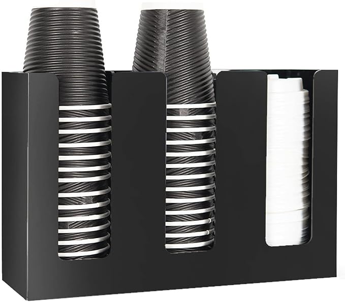 Tirifer Disposable Paper Cup Dispenser, Acrylic Coffee Cup and Lid Storage Organizer Holder, Coffee Milk Tea Shop Restaurant Accessories Christmas Party Supplies, 3 Compartments