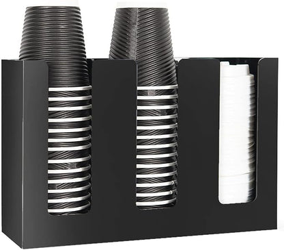 Tirifer Disposable Paper Cup Dispenser, Acrylic Coffee Cup and Lid Storage Organizer Holder, Coffee Milk Tea Shop Restaurant Accessories Christmas Party Supplies, 3 Compartments
