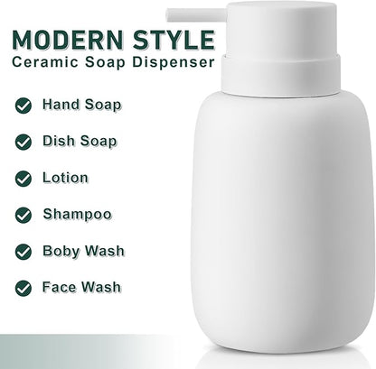 Ceramic Hand Soap Dispenser for Bathroom,16OZ Matte Dish Soap Dispenser for Kitchen Sink,Refillable Liquid Lotion Dispenser with Easy-to-Press Pump Rubber Paint (White)