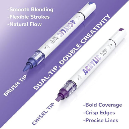 Guangna 12 Purple Dual Tip Acrylic Paint Markers, Brush Tip & Chisel Tip Acrylic Paint Pens for Pumpkin Paint, Rock, Wood, Glass, Paper, Coloring Book, Ceramic, Canvas, Water-Based Ink