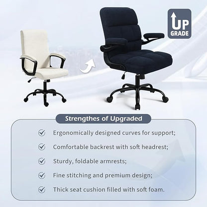 Office Chair with Wheels, Ergonomic Home Office Computer Chair with Flip-up Armrest, Adjustable Rolling Desk Chair Teddy Fleece – Dark Blue
