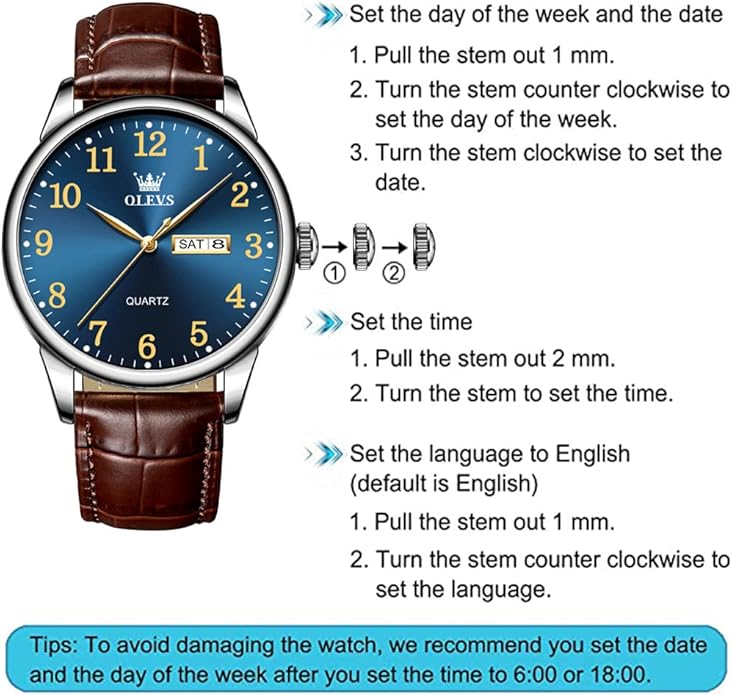 OLEVS Mens Watches Vintage Leather Band Dress Classic Easy Reader Arabic Numerals Analog Quartz Waterproof Date and Day Blue/Black/White Large Face Men's Wrist Watches