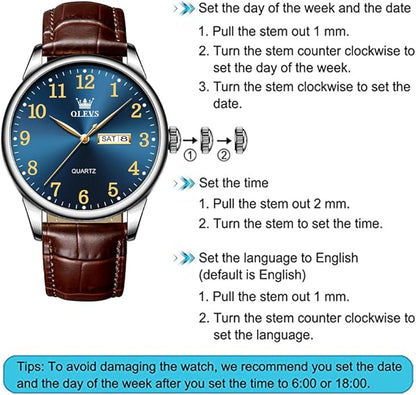 OLEVS Mens Watches Vintage Leather Band Dress Classic Easy Reader Arabic Numerals Analog Quartz Waterproof Date and Day Blue/Black/White Large Face Men's Wrist Watches