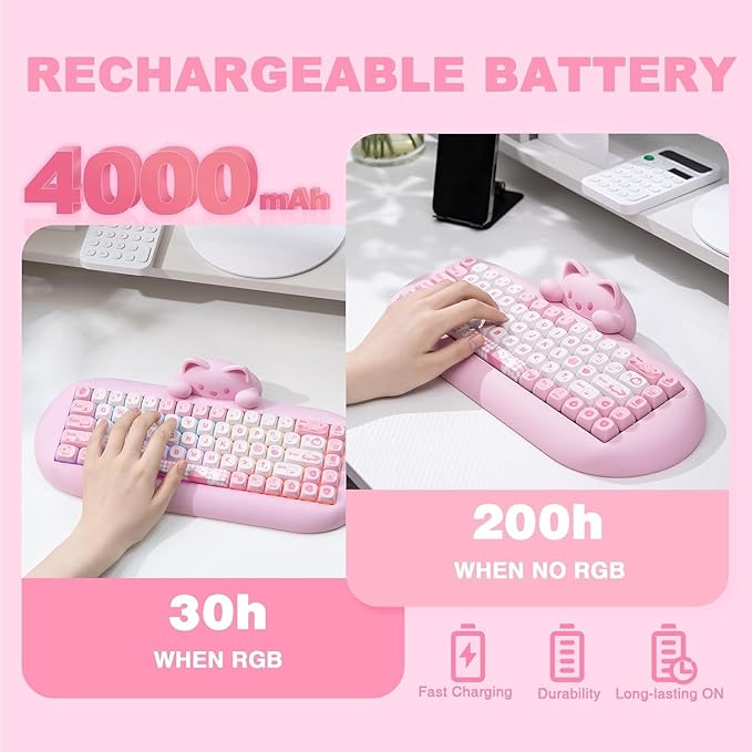 YUNZII C68 Wireless Mechanical Keyboard,65% Layout,Hot Swap,Triple Mode BT5.0/2.4G/Wired, RGB Backlit NKRO,Cute Cat Silicone Ergonomic Design for Win/Mac (Pink, Milk Switch)