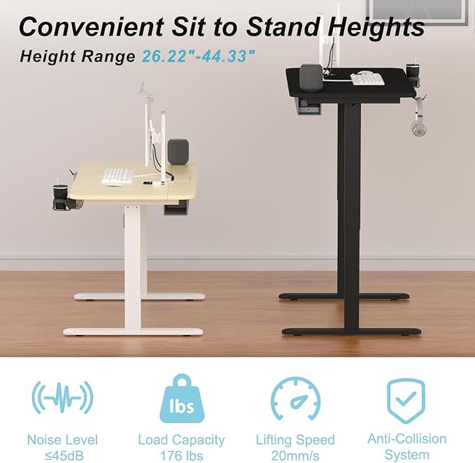 Standing Desk with Cable Management Tray, 48"x24" Electric Height Adjustable Sit Stand Desk, Memory Presets, Anti-Collision, Workstation for Home Office, Light Wood Top White Frame