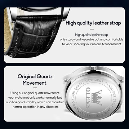OLEVS Mens Watches Vintage Leather Band Dress Classic Easy Reader Arabic Numerals Analog Quartz Waterproof Date and Day Blue/Black/White Large Face Men's Wrist Watches