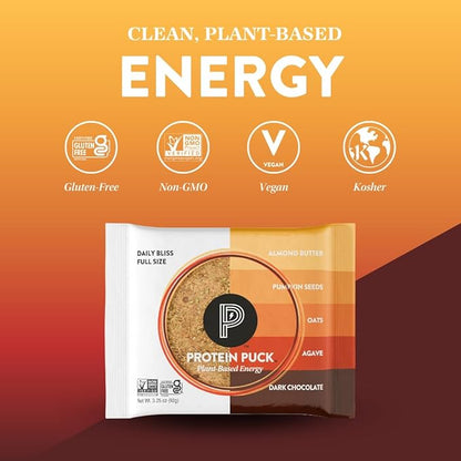 Protein Puck Plant Based Bars | Snacks with Vegan Protein | 16 Count | 3.25 oz Full Size | Gluten Free, Non Dairy, Kosher Certified Non GMO Premium Healthy Bars | Daily Bliss