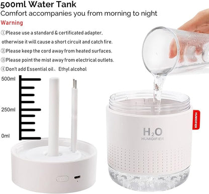 Portable Mini Humidifier, 500ml Small Cool Mist Humidifier, USB Personal Desktop Humidifiers for Baby Bedroom Travel Office Home, Auto Shut-Off, 2 Mist Modes, Super Quiet, White