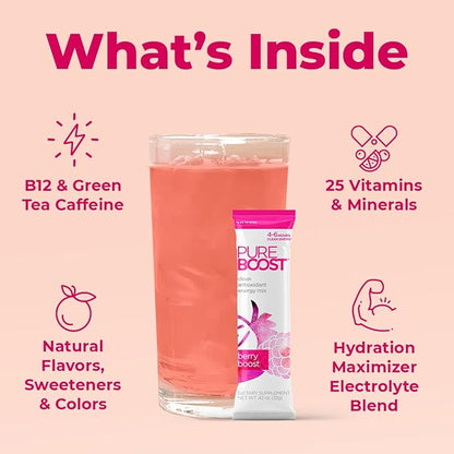 Pureboost Clean Energy Booster, Refreshing Energy Drink Mix with B12 Vitamins, Electrolytes, Antioxidants, Sugar-Free with No Sucralose (Berry Boost, 30 Count)