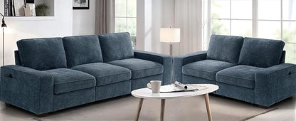 TEKAMON 128" Modular Sofa Couch with Seat Storage, Chenille Sofa, Modern Comfy 4-Seater Couch for Living Room, Office, Apart W/Deep Seat, Wide Armrest, USB Charging, Pockets, Removable Covers (Blue)