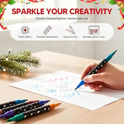 Colors Dual Tip Glitter Gel Pen Set, 2025 Upgrade Fiber Tips Smooth Sparkle Paint Markers Pen for Adults Coloring, Shimmer Metallic Glitter Markers for DIY Crafts Christmas Cards Making (12)