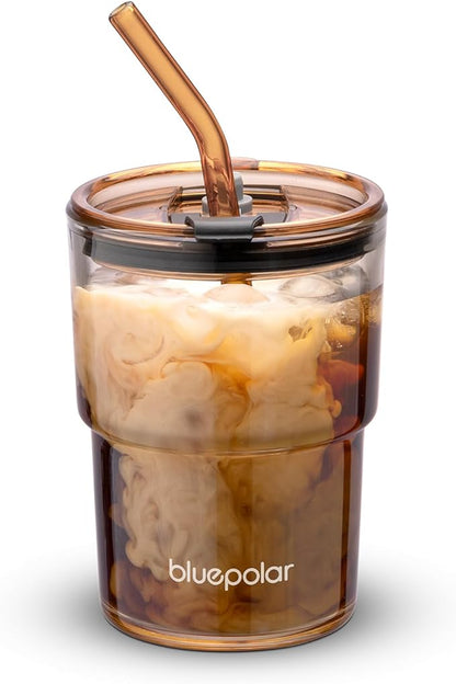 13oz/400ml Glass Water Tumbler with Straw and Lid Sealed Carry On Thick Wall Iced Coffee Cup Glass Cup for Water, Iced Tea Fruit Juice Etc (Amber)