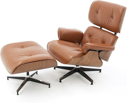 Mid Century Chaise Lounge Chair with Ottoman, Top Black Grain Leather, Modern Office Chair Classic Design, Heavy Duty Base Support for Living Room Study Lounge Office