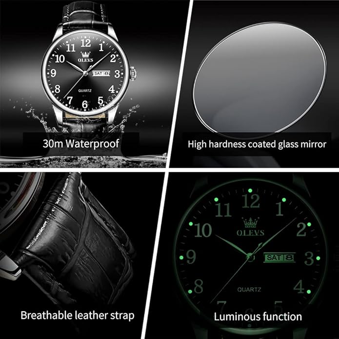 OLEVS Mens Watches Vintage Leather Band Dress Classic Easy Reader Arabic Numerals Analog Quartz Waterproof Date and Day Blue/Black/White Large Face Men's Wrist Watches