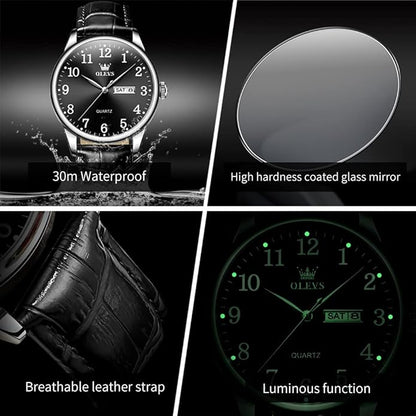 OLEVS Mens Watches Vintage Leather Band Dress Classic Easy Reader Arabic Numerals Analog Quartz Waterproof Date and Day Blue/Black/White Large Face Men's Wrist Watches