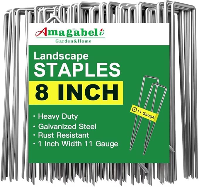 AMAGABELI GARDEN & HOME 300 Pack Galvanized Landscape Staples 8 Inch 11 Gauge Garden Staples Garden Stakes Plant Cover Stakes U-Shaped Landscape Stakes Landscape Pins for Weed Barrier Fabric