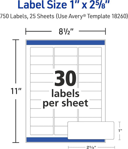 Avery Easy Peel Printable Address Labels with Sure Feed, 1" x 2-5/8" Customizable Stickers, White, 750 Blank Mailing Labels, Great for Mailing, Shipping, and More (18260)