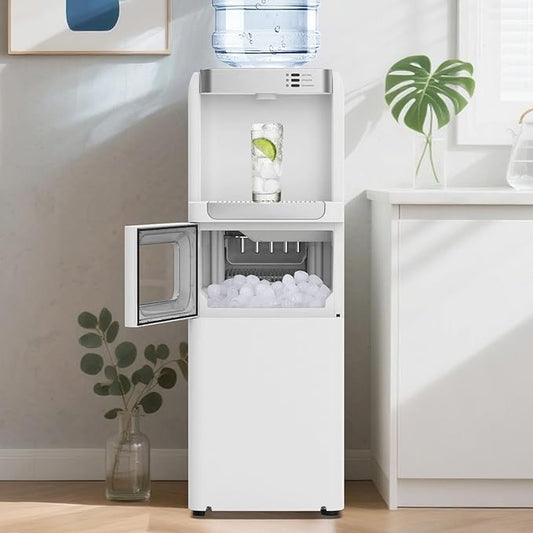 3 in 1 Water Cooler Dispenser with Ice Maker, Hot and Cold Water Dispenser for Home Office, 33lbs/24H, Top Loading 3 or 5 Gallon, Child Lock, Bullet Ice, White