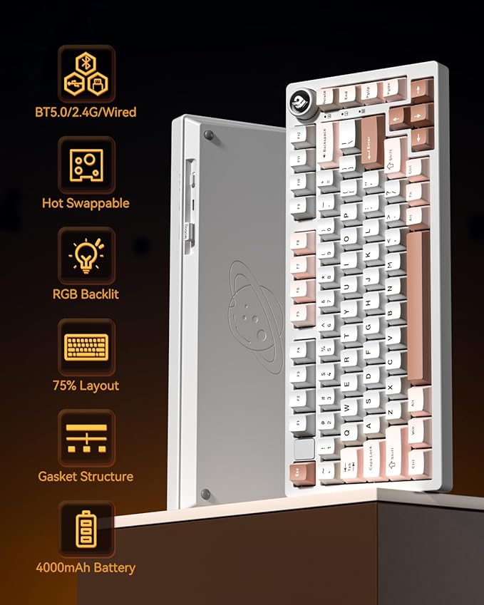 LEOBOG HI75CPro Mechanical Keyboards, RGB Backlit Tri-Mode BT5.0/2.4GHz/USB-C Gaming Keyboard, Hot Swappable Creamy Keyboard with PBT Keycaps for PC/Windows/iOS/Andriod - Turquoise Switch, Brown