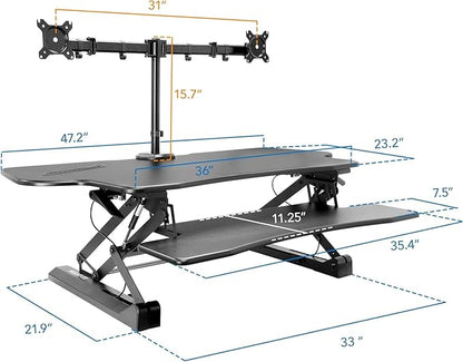 Mount-It! Standing Desk Converter Height Adjustable 47" Extra Large Wide Stand Up Desk Riser, Dual Monitor Arm Mounts, Stand Up Desk Convertor with Keyboard Tray, Fits Two Monitors up to 32"