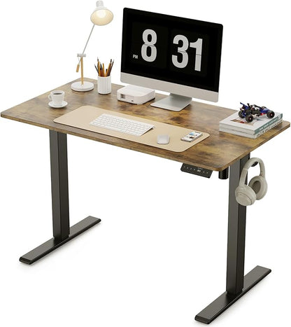 40x24 Inches Height Adjustable Electric Standing Desk with 2 Hooks for Home Office, Ergonomic Sit Stand up Desk with Splice Board, Rustic Brown
