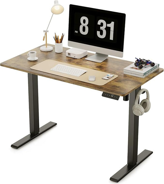 40x24 Inches Height Adjustable Electric Standing Desk with 2 Hooks for Home Office, Ergonomic Sit Stand up Desk with Splice Board, Rustic Brown