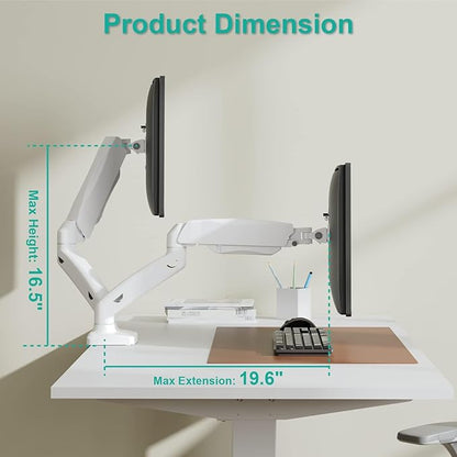 WALI Dual Monitor Stand, Adjustable Gas Spring Arm Monitor Mount for 2 Monitors up to 32 Inch,19.8lbs Capacity (GSMP002W), White by WALI
