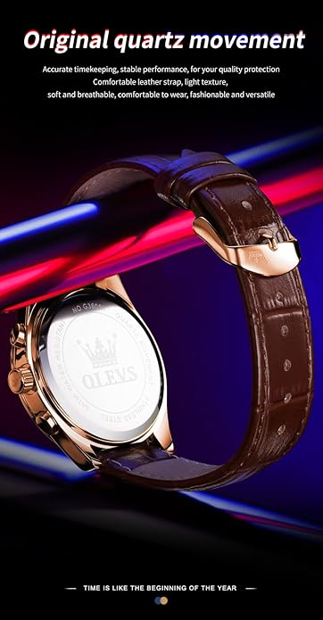 OLEVS Men's Leather Analog Quartz Watch - Luxury Chronograph Wristwatch With Date, Waterproof, Luminous - Dress Style