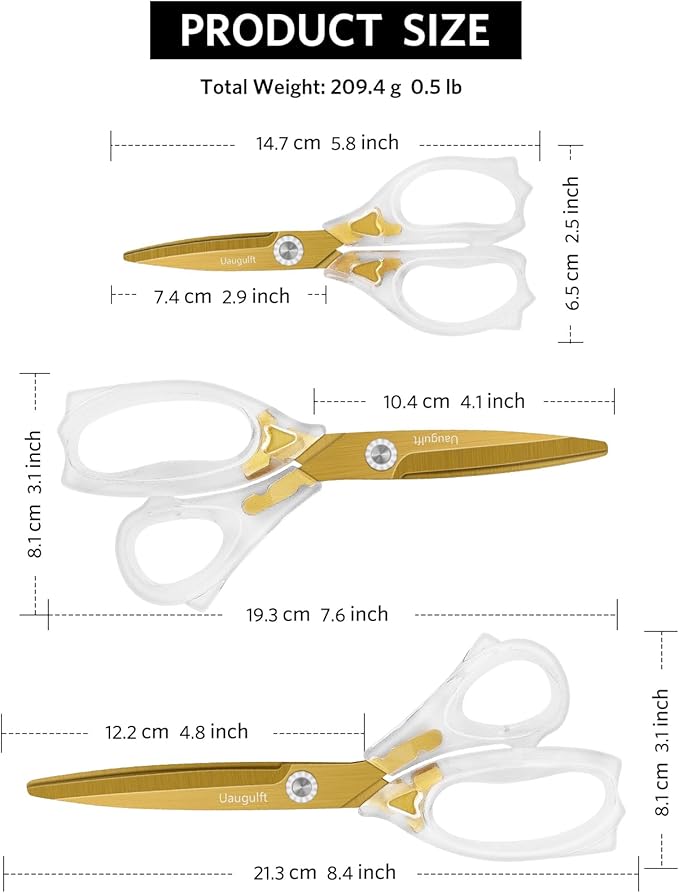 Acrylic Scissors, Sharp Titanium Coating Blades with Ergonomic ABS Handle, Multi-Purpose Scissors Set of 3, Suitable for Sewing and Household, Clear and Gold-Toned