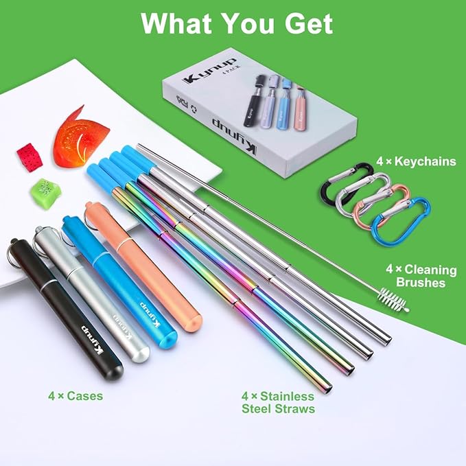 Kynup Reusable Metal Straws (4Packs), Collapsible Travel Drinking Straws with Cases, Cruise Ship Essentials, Cruise Must Haves with Silicone for Gifts (Blue-Black-Rose Gold-Silver)