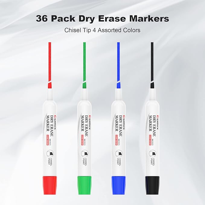 Comix Dry Erase Markers, Chisel Tip Whiteboard Markers, 36 Count 4 Assorted Colors Low Odor Markers for Kids Teachers Office & School Supplies